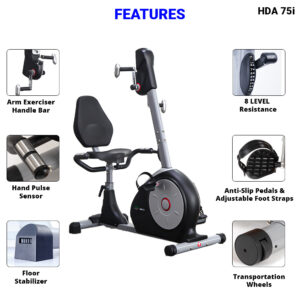 HDA 75i Recumbent Exercise Bike/Cycle for Seniors & Adults| Arm and Leg Exerciser | 8 Levels Magnetic Resistance | Flywheel | LCD Display | Pulse Sensors | Adjustable Seat | Step Through Design | Pedals | Transportation Wheels - Image 8